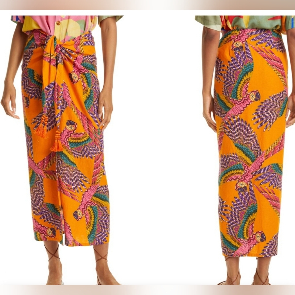 Farm rio beaded Macaws Midi Skirt with Tassels size L
